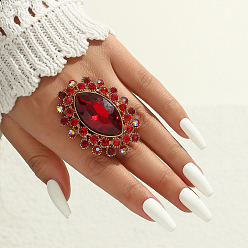 Red Zinc Alloy Glass Finger Rings, Horse Eye, with Rhinestone, Golden, Red, 47x37mm, Inner Diameter: 18mm