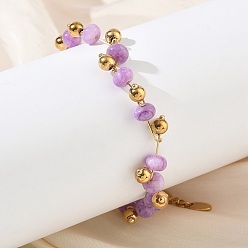 Аметист 304 Браслеты из нержавеющей стали с круглыми бусинами из натурального аметиста, золотые, 6.89 дюйм (17.5 см)