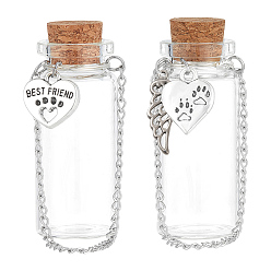 Прозрачный 2шт 2 стили стеклянная трубка бутылка желаний, с подвесками в виде сердечек и крыльев и пробковой пробкой, прозрачные, 8.3 см, 1ПК/стиль