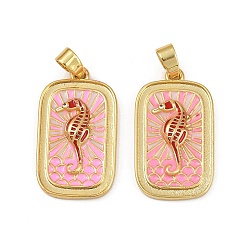 Pink Латунь эмаль подвески, долговечный, без свинца и без кадмия, стойки покрытие, золотые, прямоугольник с подвесками в виде морского конька, розовые, 27.5x15.5x3.5 мм, отверстие : 5.5x3.5 мм