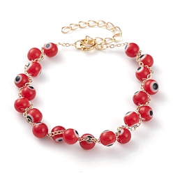 Dark Red Handmade Evil Eye Lampwork  Beaded Bracelets, with Brass Cable Chains and Spring Ring Clasps, Round, Golden, Dark Red, 7 inch(17.7cm)