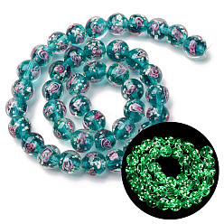 Бирюза Светящиеся бусины ручной работы из искусственного песка в технике лэмпворк, круглые с розовым, светится в темноте, бирюзовые, 9~11 мм, отверстие : 1.2~1.5 мм, около 40~41 шт / нитка, 14.80''~15.31'' (37.6~38.9 см)