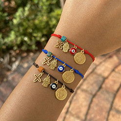 Mixed Color 3 Colors Religion 304 Stainless Steel Cross Hamsa Hand Evil Eye Charm Bracelet Sets, Adjustable Stackable Cord Bracelets with Cube Dyed Natural Imperial Jasper Beads, Golden, Mixed Color, 11.02 inch(28cm), 3pcs/set
