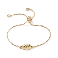 Golden Brass Slider Bracelets, Bolo Bracelets, with Brass Micro Pave Cubic Zirconia Link and Cardboard Box, Lead Free & Cadmium Free, Cowrie Shell, Golden, 9-3/4 inch(24.7cm)