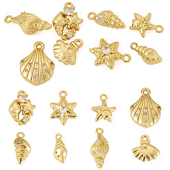 Mixed Shapes 8Pcs 8 Styles Ocean Theme Brass Micro Pave Cubic Zirconia Pendants, Long-Lasting Plated, Nickel Free, Real 18K Gold Plated, Mixed Shapes, 10~16.5x5~11x2.5~5.5mm, Hole: 1~1.5mm, 1pc/style 