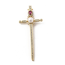 Средний Фиолетово-красный Латунные микро проложить кубического циркония подвески, с ABS имитации жемчуга, долговечный, стойки покрытие, без свинца и без кадмия, меч с крестообразными подвесками, реальный 18 k позолоченный, средне фиолетовый красный, 58.5x25x7 мм, отверстие : 4.5x2.5 мм