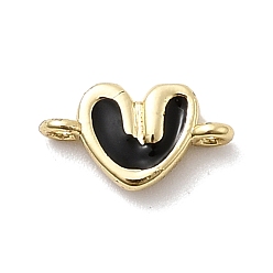 Черный Латунь эмаль подвески, сердце прелести, стойки покрытие, долговечный, без кадмия и без свинца, реальный 18 k позолоченный, чёрные, 6x11x2.5 мм, отверстие : 1 мм