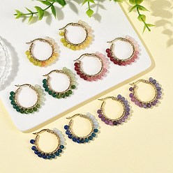 Mixed Color Dyed Natural Malaysia Jade Rondelle Bead & 201 Stainless Steel Hoop Earrings, 304 Stainless Steel Hoop Earrings, Golden, Mixed Color, 32x4mm
