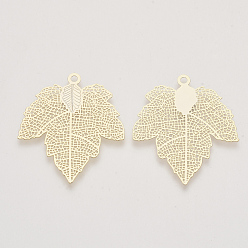 Real 18K Gold Plated Autumn Theme Brass Filigree Pendants, Nickel Free, Maple Leaf, Real 18K Gold Plated, 35.5x31.5x0.3mm, Hole: 2mm