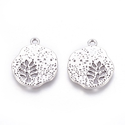 Antique Silver Tibetan Style Alloy Pendants, Cadmium Free & Nickel Free & Lead Free, Flat Round with Leaf, Antique Silver, 22x18x1mm, Hole: 1mm