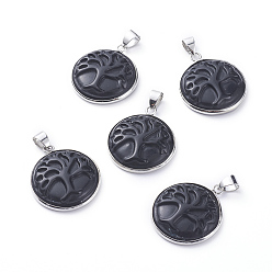(946F)Морозный цвет внутри  Жонкиль / Непрозрачная зеленая подкладка Натуральный черный агат подвески, с настройками кулона из латуни платинового тона, плоские круглые с деревом, 28~29x24~25x6~7 мм, отверстие : 6x4 мм