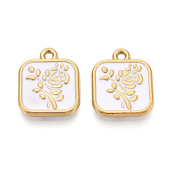 Белый 304 нержавеющей стальной эмали подвески, квадратные и цветочные подвески, ионное покрытие (ip), реальный 18 k позолоченный, белые, 18.5x15x2.5 мм, отверстие : 1.6~1.7 мм