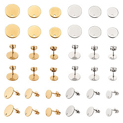 Золотой & Цвет Нержавеющей Стали 36 шт. 6 стильное ионное покрытие (ip) 304 выводы серьги-гвоздики из нержавеющей стали, с отверстием и плоской пластиной, ушные орехи / серьги спины, плоско-круглые, золотые и нержавеющая сталь цвет, 8~12x1 мм, отверстие : 1.5~1.6 мм, штифты : 0.8 мм, 6 шт / стиль