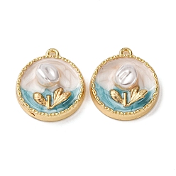 Плоский Круглый Подвески из эмалевого сплава легкого золота, с ABS имитации жемчуга, , стойки покрытие, плоско-круглые, 26x22x8 мм, отверстие : 1.8 мм