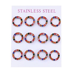 Нержавеющая Сталь Цвет 304 из нержавеющей стали серьги, со стразами, кольцо, цвет нержавеющей стали, 13 мм, 12 шт / комплект