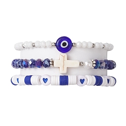 Cross 3Комплект эластичных браслетов из полимерной глины, стекла и синтетической бирюзы из бисера в комплекте с религией, составные браслеты для женщин, крестик, внутренний диаметр: 2-1/8~2-3/8 дюйм (5.3~5.9 см)