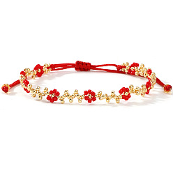 Красный Браслеты из бисера и бусин из богемского стекла, регулируемые браслеты из плетеного шнура из полиэстера для женщин, цветок, красные, внутренний диаметр: 11 дюйм (28 см)