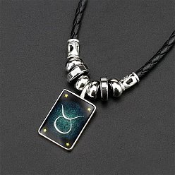 Телец Светящийся прямоугольник с подвеской из сплава созвездия, стеклянный кулон, плетеный шнур из черной искусственной кожи, ожерелье, платина, темные голубые, Телец, 19.69 дюйм (50 см)