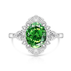 Verde Anillos ajustables de latón con circonitas cúbicas engastadas, oval, Platino, verde, 20 mm