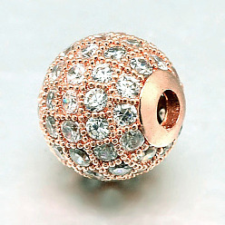 Rose Gold Round Brass Micro Pave Cubic Zirconia Beads, Clear, Rose Gold, 4mm, Hole: 1mm