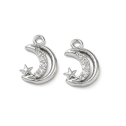 Platinum Brass Micro Pave Clear Cubic Zirconia Charms, Moon and Star Charms, Platinum, 12x8x1.5mm, Hole: 1.2mm