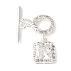 Серебро Латунные застежки-тоггл из прозрачного кубического циркония, без кадмия, без никеля и без свинца, кольцо с квадратом, серебряные, 24 мм, отверстие : 1.2 мм, Sqare: 10x8x5 мм, отверстие : 1.25 мм, бар: 15x4x1.5 mm, отверстие : 1.2 мм