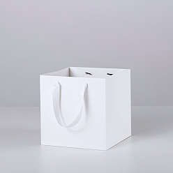 White Solid Color Kraft Paper Gift Bags with Ribbon Handles, for Birthday Wedding Christmas Party Shopping Bags, Square, White, 15x15x15cm