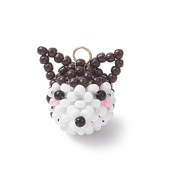 Кокосово-Коричневый Стеклянные подвески из бисера, с 304 кольцами из нержавеющей стали, собачий шарм, кокосового коричневый, 18.5x17.5x16.5 мм, отверстие : 3 мм