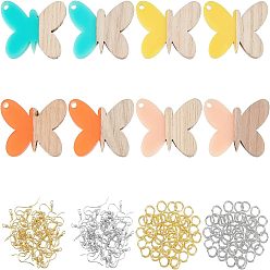 Mixed Color DIY Dangle Butterfly Earring Making Kits, 1 Box 8Pcs Resin & Walnut Wood Pendants, 40Pcs Iron Earring Hooks, 80Pcs Jump Rings, Mixed Color, 21.5x27.5x3mm, Hole: 1.8mm, 4 style, 2pcs/style, 8pcs