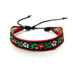 Black Bohemia Polyester Braided Flat Cord Bracelet, Adjustable Bracelet for Women, Black, 6-1/2~9-7/8 inch(16.5~25cm)