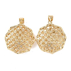 Настоящее золото 18K Латунные микропаве прозрачные подвески с фианитом, долговечный, полые плоские круглые прелести, реальный 18 k позолоченный, 25.5x23x8.5 мм, отверстие : 4x3.5 мм