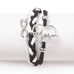 Black Alloy Heart Beat & 304 Stainless Steel Infinity Links Multi-strand Bracelet, Faux Suede Braided Tripel Layer Bracelet for Women, Black, 7-1/4 inch(18.3cm)