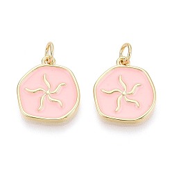 Розовый Латунь эмаль подвески, самородки с цветочными подвесками, реальный 16 k позолоченный, туманная роза, 16x14x1.7 мм, отверстие : 3 мм, Перейти кольцо: 5x0.8 мм, внутренний диаметр: 3 мм