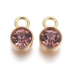 Свет Аметист Стеклянные украшения из горного хрусталя, Подвески с камнем рождения июня, ионное покрытие (IP), с настоящим 18позолоченным тоном 201 из нержавеющей стали, плоско-круглые, светлый аметист, 10x6x4 мм, отверстие : 2.3 мм