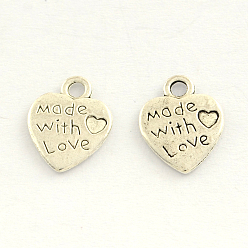Antique Silver Tibetan Style Zinc Alloy Charms, Cadmium Free & Lead Free, Heart Carved Words Made with Love, For Valentine's Day, Antique Silver, 12x9.5x1mm, Hole: 2mm, about 2000pcs/1000g