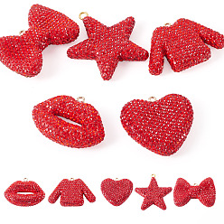 FireBrick 5Pcs 5 Styles Handmade Polymer Clay Pendants, with Iron Loop and Rhinestone, FireBrick, 45~58x38~60x11~16mm, Hole: 2~4mm, 1pc/style