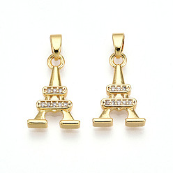 Настоящее золото 18K Латунные микро проложить кубического циркония подвески, без кадмия и без свинца, эйфелева башня c хармс, реальный 18 k позолоченный, 17.2x11.3x2.5 мм, отверстие : 2x5 мм