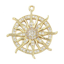Настоящее золото 18K Латунные микропаве прозрачные подвески с фианитом, солнечные чары, без кадмия и без свинца, долговечный, стойки покрытие, реальный 18 k позолоченный, 29.5x26.5x4 мм, отверстие : 1.2 мм