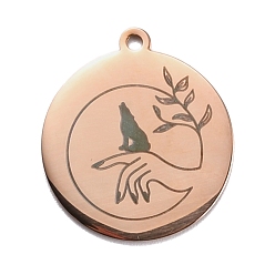 Rose Gold 304 Stainless Steel Pendants, Flat Round with Wolf & Hand & Leaf, Rose Gold, 28x25x1.4mm, Hole: 2mm