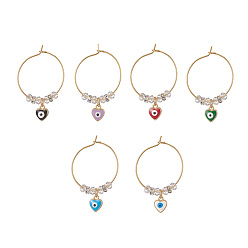 Gemischte Farbe Evil Eye Herz Messing Emaille Anhänger Weinglas Charms Sets, mit Messing Creolen Erkenntnisse, Messing Strass Zwischen perlen, Gemischte Farbe, 42 mm, 6 Stück / Set
