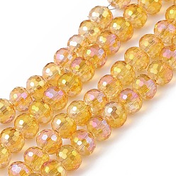 Orange Transparent Electroplate Glass Beads Strands, Faceted(96 Facets), Round, Half Rainbow Plated, Orange, 7.5~8x7mm, Hole: 1.2mm, about 68~70pcs/strand, 19.68~20.07 inch(50~51cm)