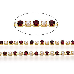 Garnet Brass Rhinestone Strass Chains, with ABS Plastic Imitation Pearl, Rhinestone Cup Chain, Grade A, Raw(Unplated), Garnet, 2x2mm, 4000pcs rhinestone/bundle, about 32.8 Feet(10m)/bundle