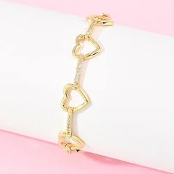 Настоящее золото 18K Браслеты-цепочки из латуни в форме сердца с микропаве из прозрачных кубических цирконий для женщин, долговечный, без свинца и без кадмия, реальный 18 k позолоченный, 7.28 дюйм (18.5 см)