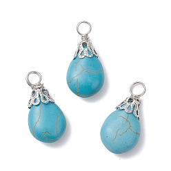 Платина Окрашенные синтетические бирюзовые подвески, подвески-слезинки с железной фурнитурой, глубокое синее небо, платина, 20~20.5x10x5.5~6 мм, отверстие : 2.5~3 мм