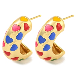 Real 18K Gold Plated Rack Plating Brass Stud Earrings, with Enamel, Cadmium Free & Lead Free, Long-Lasting Plated, Half Round with Heart, Real 18K Gold Plated, 22x9mm