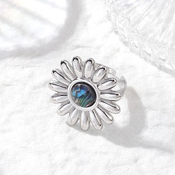 Нержавеющая Сталь Цвет 304 открытые кольца манжеты из нержавеющей стали, цветок, с кабошонами оболочки paua, цвет нержавеющей стали, размер США 7 1/2 (17.7 мм)