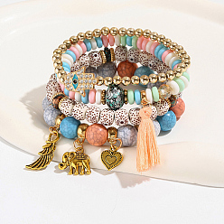 Mixed Color 4Pcs 4 Style Plastic Beaded Stretch Bracelet Sets, Hamsa Hand & Elephant & Heart Alloy Charms Stackable Bracelets, Mixed Color, Inner Diameter: 2-3/8~2-3/4 inch(6~7cm), 1Pc/style