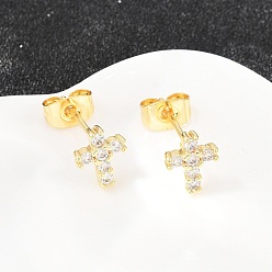 Прозрачный Латунные микро проложить серьги стержня кубического циркония, крестик, долговечный, стойки покрытие, без свинца и без кадмия, реальный 18 k позолоченный, прозрачные, 8.5x7 мм