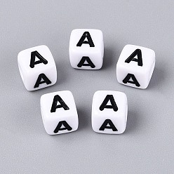 Letter A Opaque Acrylic Beads, Cube with Number, with Enamel, Black, Letter A, 7.5~8x7.5~8x8~8.5mm, Hole: 3.6~4mm, about 1200pcs/500g