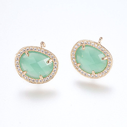 Medium Aquamarine Brass Micro Pave Cubic Zirconia Stud Earring Findings, with Loop, Glass, Imitation Jade, Oval, Golden, Medium Aquamarine, 16.5mm, Hole: 1mm, Pin: 0.8mm